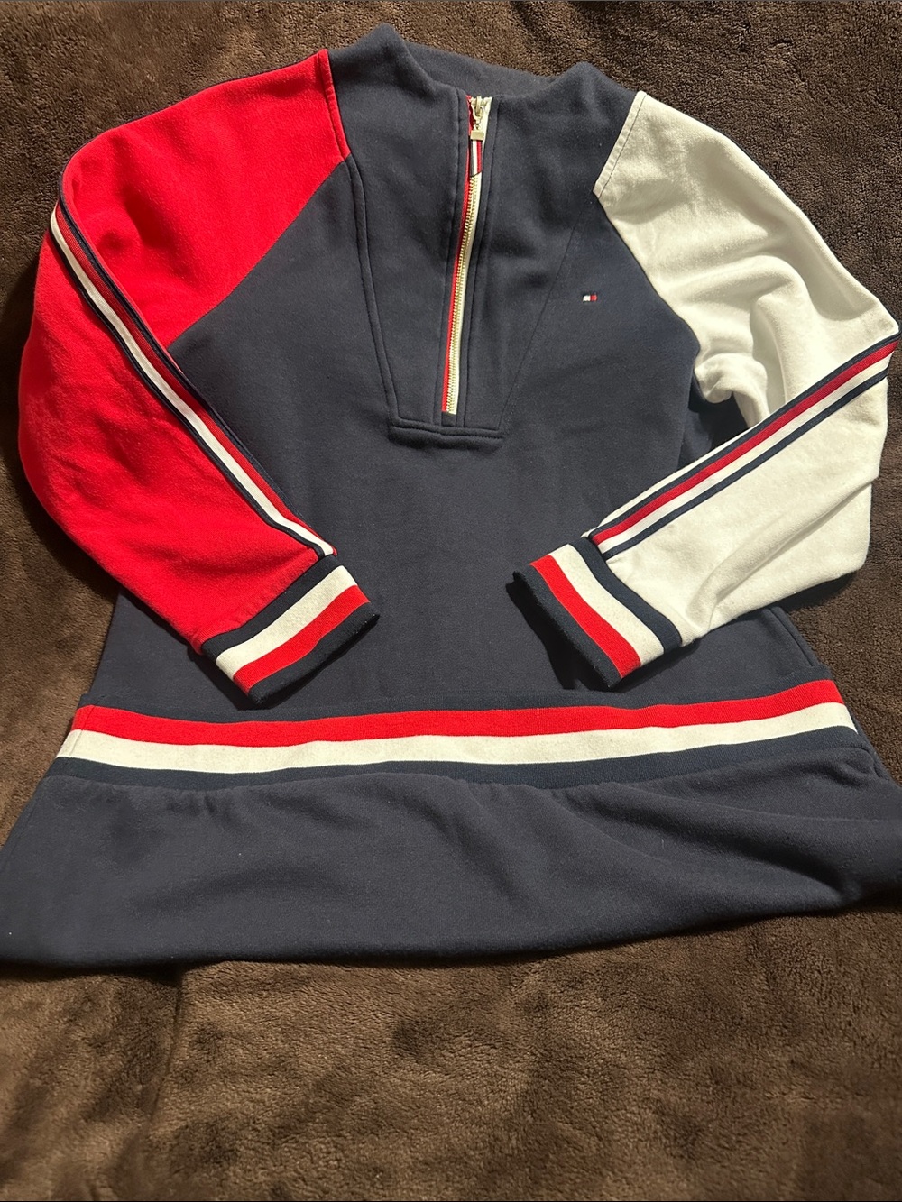 Tommy Hilfiger Navy Half-Zip Colorblock Dress with Red & Cream Sleeves